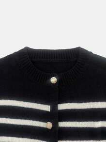 Cárdigan de punto de ajuste holgado y de un solo botonadura en estilo vintage con contraste de color, versátil para otoño/invierno