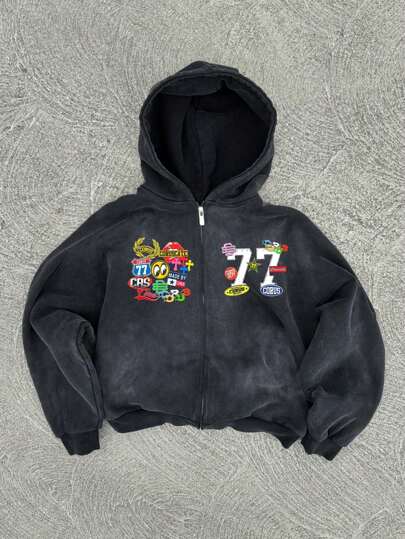 shi♡ Men's Vintage Zipper Closure Hoodie With Number 77 Graphic