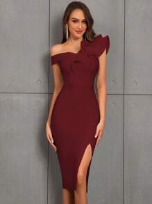 Asymmetric Neckline Ruffle Hem High Slit Bandage Bodycon Dress, Suitable For Cocktail Party, Wedding Guest - Burgundy - View 3