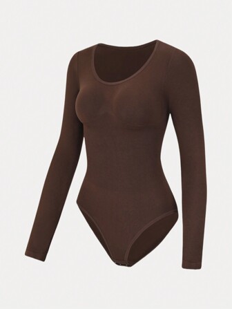 1pc Women's Seamless Crew Neck Long Sleeve Shapewear, Full Coverage Comfortable Bodysuit