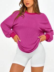 Women's Long Sleeve T-Shirt Autumn Casual Loose Round Neck Ribbed Shirt Belted Top