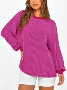 Women's Long Sleeve T-Shirt Autumn Casual Loose Round Neck Ribbed Shirt Belted Top