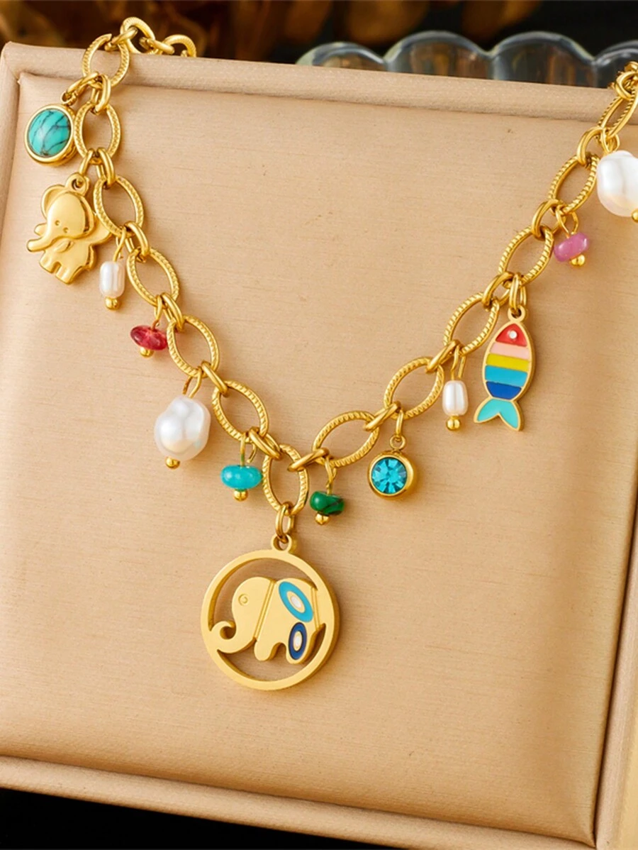 1pc Colored Oil Drip Elephant & Fish Pearl Pendant Stainless Steel Chain Necklace Jewelry - Multicolor - View 1