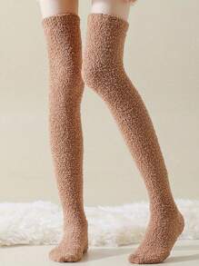 BABONA 1 Pair Thickened Soft Coral Fleece Over-The-Knee Socks - Solid Color, Breathable For Indoor & Outdoor Use (Black)(White)(Coffee)