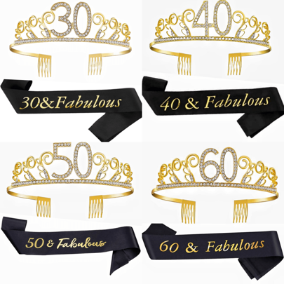 2pcs/Set 40th 50th 60th 30th Years Old Women Gold Wear Crown Gold Years Old Headband Hair Comb Rhinestone Crystal Crown Tiara Happy Birthday Decoration Anniversary Decoration Happy Birthday Satin Sash Party Supplies Sash Rhinestone Crown Happy Birthday,Christmas