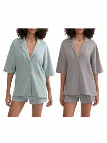 Women's Lounge Set, Striped Lapel V Neck Short Sleeve Tops Elastic Waist Shorts 2 Piece Pajama Set For Summer - Green - View 3