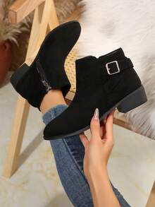 1 双女士简约舒适黑色踝靴，户外休闲装，侧拉链靴，外贸大码 36-43，低跟尖头黑色 PU 皮革短靴 - 黑色 - 查看 8