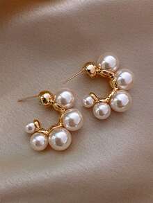 1 对时尚简约多层珍珠 C 形环状耳环，女士日常配饰和派对珠宝 - 金黃色 - 查看 1