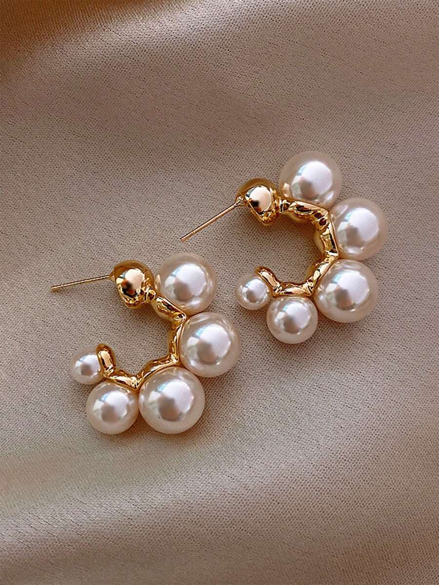 1 对时尚简约多层珍珠 C 形环状耳环，女士日常配饰和派对珠宝 - 金黃色 - 查看 1