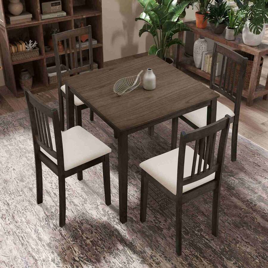 Binlin 5-Piece Dining Table Set, Solid Wood Square Table With 4 Upholstered Chairs, Space-Saving Design For Small Spaces, Modern Rustic Style For Kitchen, Dining Room