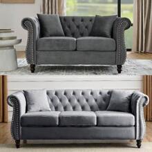 YOGLAD Modern Chesterfield Velvet Sofa, 2-Seater Sofa And 3-Seater Sofa With Curved Backrest Rolled Arm, Upholstered Tufted Backrests With Nailhead Arms And 2 Cushions For Living Room, Bedroom, Apartment, Office - 灰色 - 查看 1