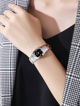 OUPAI 1 件女士矩形表盘瑞士石英表，紧凑型合成蓝宝石玻璃，桶形钨钢表壳，休闲优雅