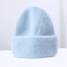 1pc Women's Rabbit Hair Knitted Warm Beanie, Double-Layer Folded Brim Pullover Hat, Solid Color, Versatile For Autumn/Winter