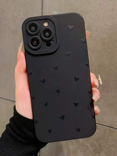 1pc Cute Small Heart Pattern Black Shockproof TPU Phone Case Cover Compatible With Iphone & Series Waterproof Anti-Fall Scratch Resistant