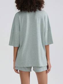 Women's Lounge Set, Striped Lapel V Neck Short Sleeve Tops Elastic Waist Shorts 2 Piece Pajama Set For Summer - Green - View 8