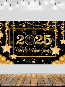 1 件 100*150 厘米新年快乐庆祝背景横幅，新年烟花气球倒计时时钟风格涤纶吊旗背景布适用于 2025 年新年派对家庭房间家庭活动照片展位节日墙壁背景装饰，新年礼物，花园庭院装饰花园旗帜 - 黑金新年 - 查看 2