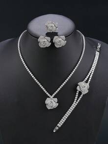Bộ 5 chiếc/Bộ vòng cổ hoa hồng sang trọng, hoa tai, vòng tay, nhẫn trang sức, phụ kiện trang sức Cubic Zirconia thời trang phù hợp cho trang phục, ngày lễ, quà tặng sinh nhật Valentine, mẹ, mẹ, ngày của mẹ, quà tặng - Bộ đồ sang trọng - Xem 12