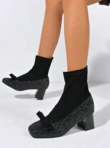 Giày bốt cổ thấp đính sequin thời trang mới dành cho nữ, nơ đen, lấp lánh, gót thấp dày, kiểu bốt tất, bốt Mary Janes, chất liệu kim tuyến tương phản, khóa kéo kim loại phía sau, thanh lịch, xinh đẹp, quyến rũ, gợi cảm, phù hợp cho tiệc tùng, đám cưới, lễ kỷ niệm, váy đầm, đáng yêu. - màu đen - Xem 1