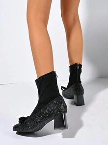 Giày bốt cổ thấp đính sequin thời trang mới dành cho nữ, nơ đen, lấp lánh, gót thấp dày, kiểu bốt tất, bốt Mary Janes, chất liệu kim tuyến tương phản, khóa kéo kim loại phía sau, thanh lịch, xinh đẹp, quyến rũ, gợi cảm, phù hợp cho tiệc tùng, đám cưới, lễ kỷ niệm, váy đầm, đáng yêu. - màu đen - Xem 7