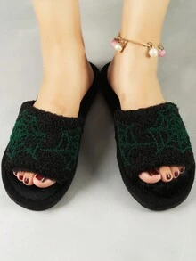 1 双女士保暖拖鞋，卡通刺绣蓬松毛绒保暖家居拖鞋，适合秋冬季 - 黑色 - 查看 3