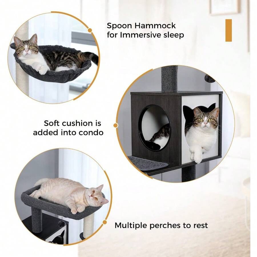 Modern Cat Tree Wood Cat Tower With Storage Litter Box
