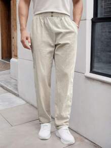tooluck Men's Solid Color Cotton And Linen Loose Straight Pants Elastic Waistband Casual Pants With Pockets - Màu be - Xem 4