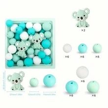 36/38/43pcs Cute Silicone Bead Set, 12mm/15mm Solid Color Koala Pattern Round Loose Beads, Used For DIY Jewelry Making, Key Chain, Pen Strap, Bracelet, Necklace, Pendant Handcraft Supplies