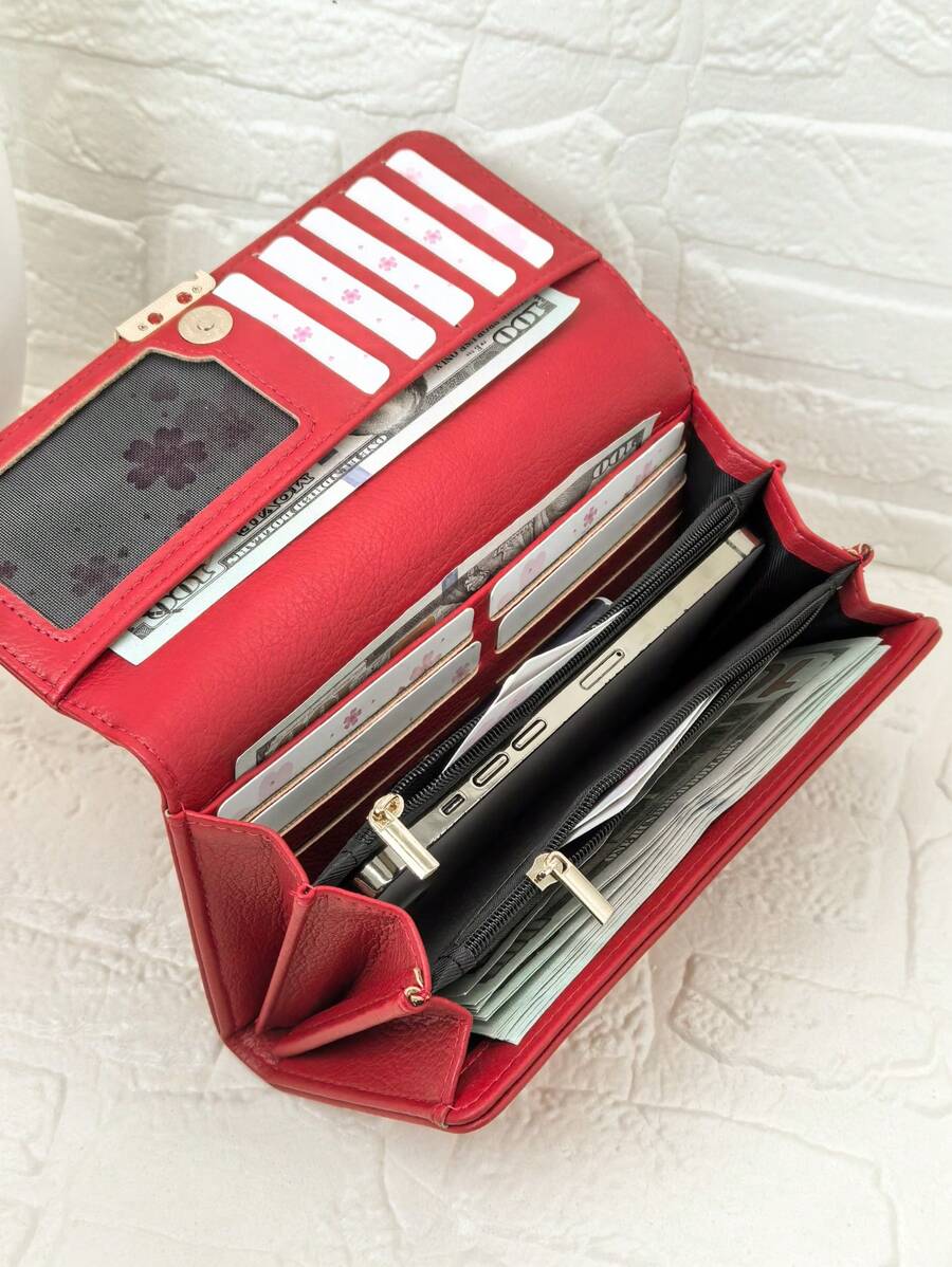 MINGYOU Nueva cartera multifunción de gran capacidad para mujer, cartera de moda clásica con hebilla y solapa, ranuras para múltiples tarjetas, color vino tinto, regalo para mujer, cartera, bolso, cartera larga - Rojo - Ver 1