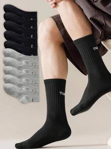 10 Pares Calcetines De Pantorrilla Para Hombres De Color Sólido Con Estampado De Ietras Y Talón Simples - Multicolor - Ver 1