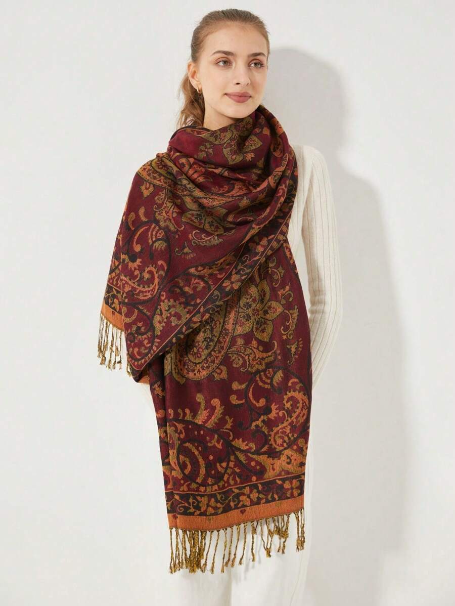1pc Retro Elegant Versatile Paisley & Scarf - Burgundy - View 1