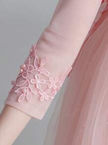 Tween Girls Elegant Princess Beaded Sequin Mesh Floral Embroidered Long Sleeve Pink Tulle Dress, Suitable For Performance, Wedding, Birthday Party - Pink - View 8