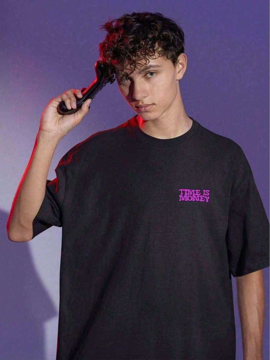 Men's Basic Oversized Cotton T-Shirt Streetwear Style Time Is Money - 黑色 - 查看 1