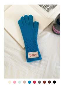 1 Pair Knitted Solid Color Applique Cute Five Finger Warm Long Cuff Touchscreen Fingerless Gloves, Wool Blend, Suitable For Autumn/Winter, Cycling
