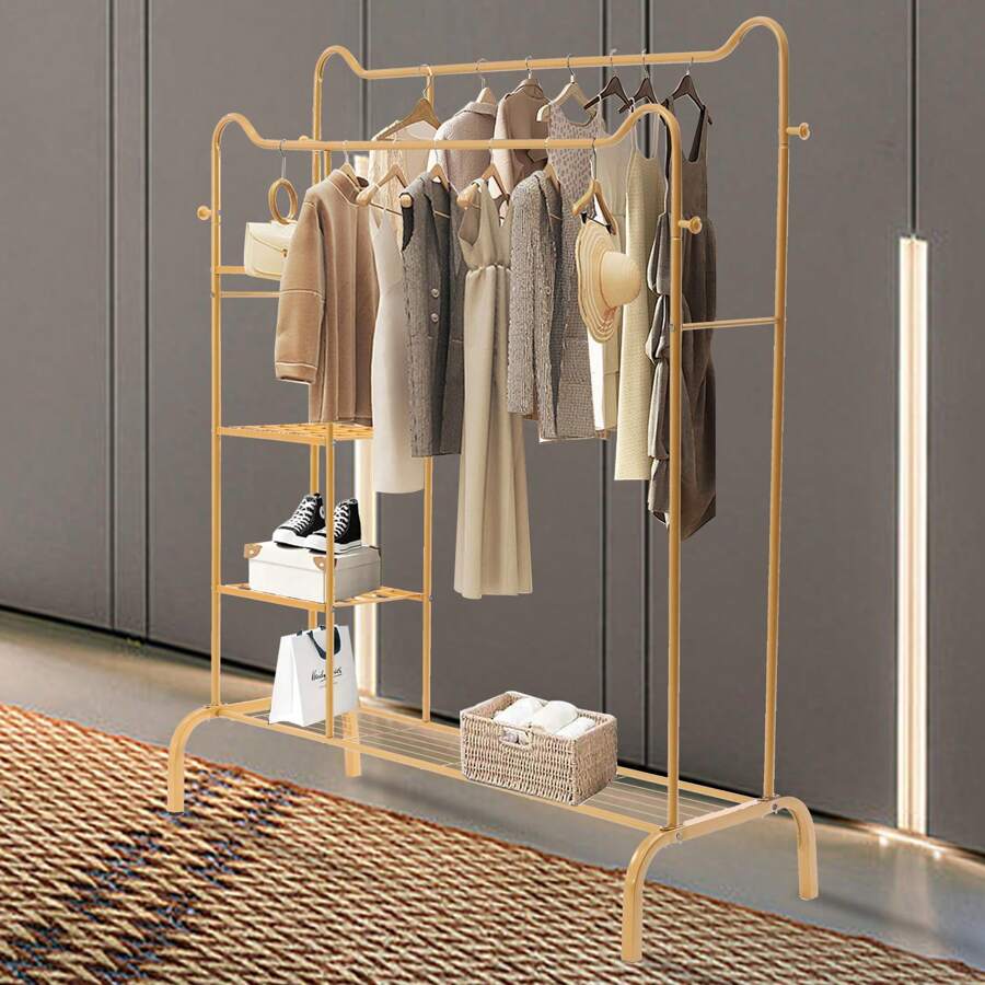 Heavy Duty Clothes Rack , Metal Garment Rack, Standing Rolling Display Rack Standing Clothes Rack For Hanging Clothes With Sturdy Wheels & Shelves, Portable Closet Wardrobe Rack,Spring,Minimalist,Summer TopsCoat Rack Back To School Travel Essentials Room Decor,Home Decor,Bedroom Decor Storage Organization And Storage Puppy Keep Dress Shorts Phone Case Bikini Summer Dresses For Women Skirt Summer Dress Dresses Nails Jeans Tops White Dress Dresses For Women - Gold - View 1