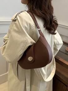 1 件拉链封口 PU 纯色腋下新月包，复古风格单肩包，百搭法棍包，适合女士商务休闲和工作场所 - 咖啡棕 - 查看 3