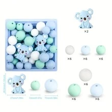 36/38/43pcs Cute Silicone Bead Set, 12mm/15mm Solid Color Koala Pattern Round Loose Beads, Used For DIY Jewelry Making, Key Chain, Pen Strap, Bracelet, Necklace, Pendant Handcraft Supplies