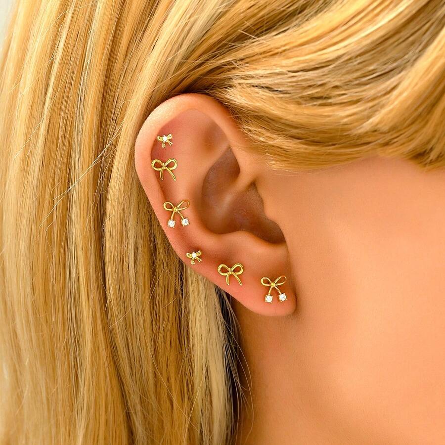 1 套女士耳环套装，蝴蝶结铜锆石设计耳钉，优雅百搭，送给女朋友的完美礼物，适合日常服装、婚礼和派对 - 彩色 - 查看 1