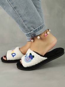 Dép đi trong nhà giữ nhiệt cho nữ họa tiết hoạt hình thêu mềm mại ấm áp, mùa thu/đông - trắng - Xem 4
