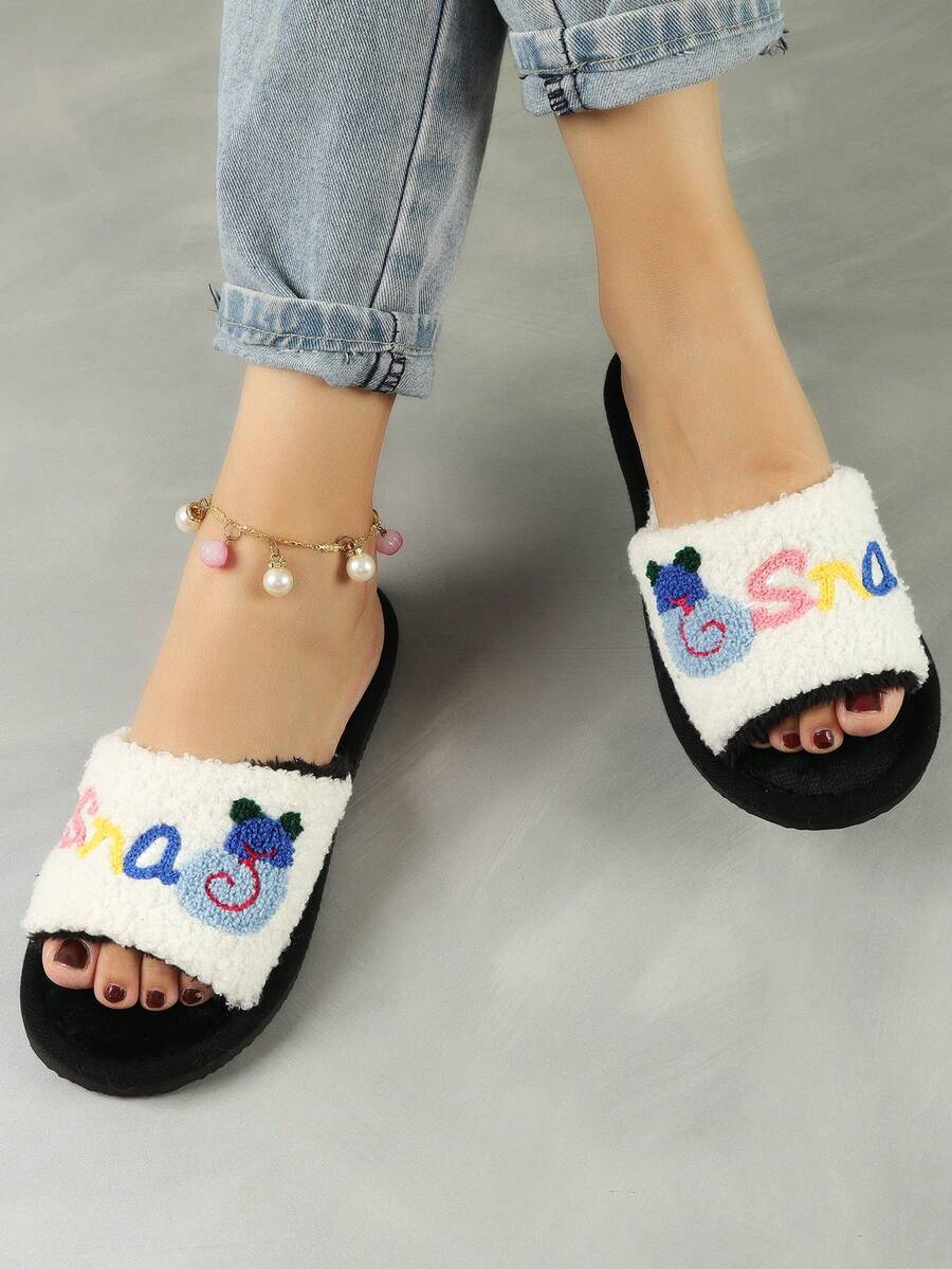 Dép đi trong nhà giữ nhiệt cho nữ họa tiết hoạt hình thêu mềm mại ấm áp, mùa thu/đông - trắng - Xem 1