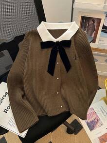 Fall/Winter College Style Color Contrast Bow Lapel Long Sleeve Embroidered Women's SweaterTops Cardigan Cardigan - Brown - View 5