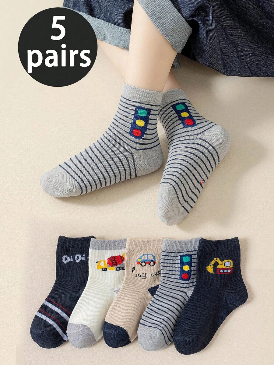 5 đôi tất trẻ em, tất dài đến bắp chân hình khủng long hoạt hình, thấm hút ẩm, thoáng khí, thích hợp cho trẻ đi học, bé trai/bé gái, mùa thu/đông - Nhiều màu - Xem 1