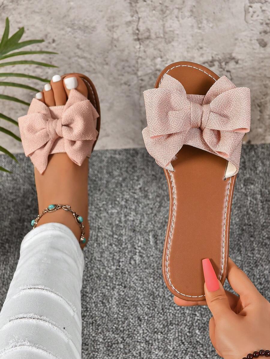 زوج واحد من صنادل سبور بكعب منخفض سوداء مزينة بفيونكة، مفتوحة من الأمام، قاع مانع للانزلاق، بتصميم أنيق ومريح على الطراز الروماني، مناسبة للأماكن المغلقة، المناسبات العادية والحفلات - وردي - مشاهدة 1