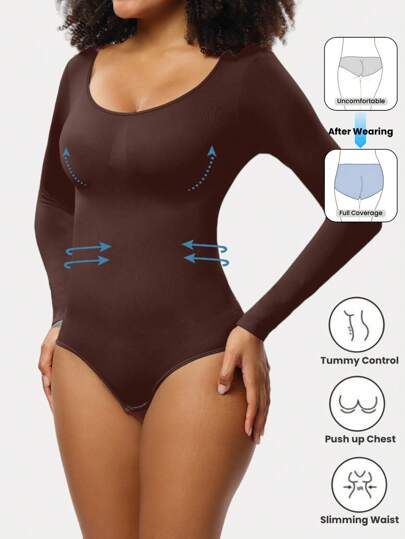 1 Stück Damen braune nahtlose Langarm Shapewear mit Rundhalsausschnitt, voller Abdeckung komfortables Bodysuit