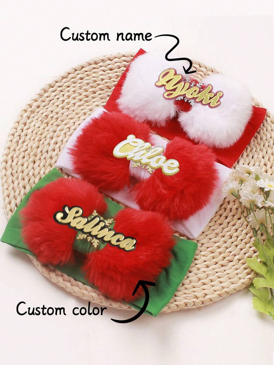3pcs Acrylic Customized Name & Snowflake Plush Baby Headband With Bow, Gift Back To School Winter Gift Ideas Boy Girl Valentine's Day - Multicolor - View 1