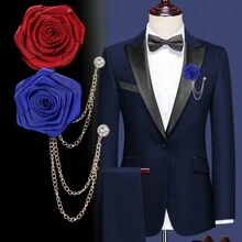 1 pieza Broche de flor de rosa con cadena colgante Broches de boda para hombres, Broche de rosa artificial roja/azul para mujeres y hombres, accesorios de ropa de boda para el novio