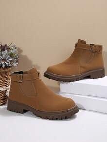 跨境秋冬新款女靴低跟扣带短筒靴，大码女鞋 - 棕色 - 查看 5