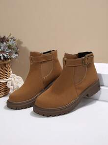 跨境秋冬新款女靴低跟扣带短筒靴，大码女鞋 - 棕色 - 查看 6