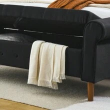 62" Bedroom Tufted Button Storage Bench Modern Fabric Upholstered Ottoman Window Bench Rolled Arm Design For Bedroom Living Room Foyer Black - Black + Fabric + Foam as Pic - View 8