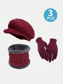 3-Pieces/Set Winter Hat Warm Set, Knit Warm Beanie Hat Neck Warmer Touch Screen Mittens For Women - 3-piece Set - View 3