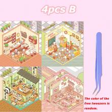 Juego de 4 pegatinas de escenas en miniatura de casas, pegatinas de juego comercial simulado, pegatinas de escenas, pegatinas decorativas 3D DIY, pegatinas de paisaje en miniatura, pegatinas 3D adorables de cabina, pegatinas de escenas visuales 3D, para diarios, scrapbooking, papelería decorativa (incluye pinzas)